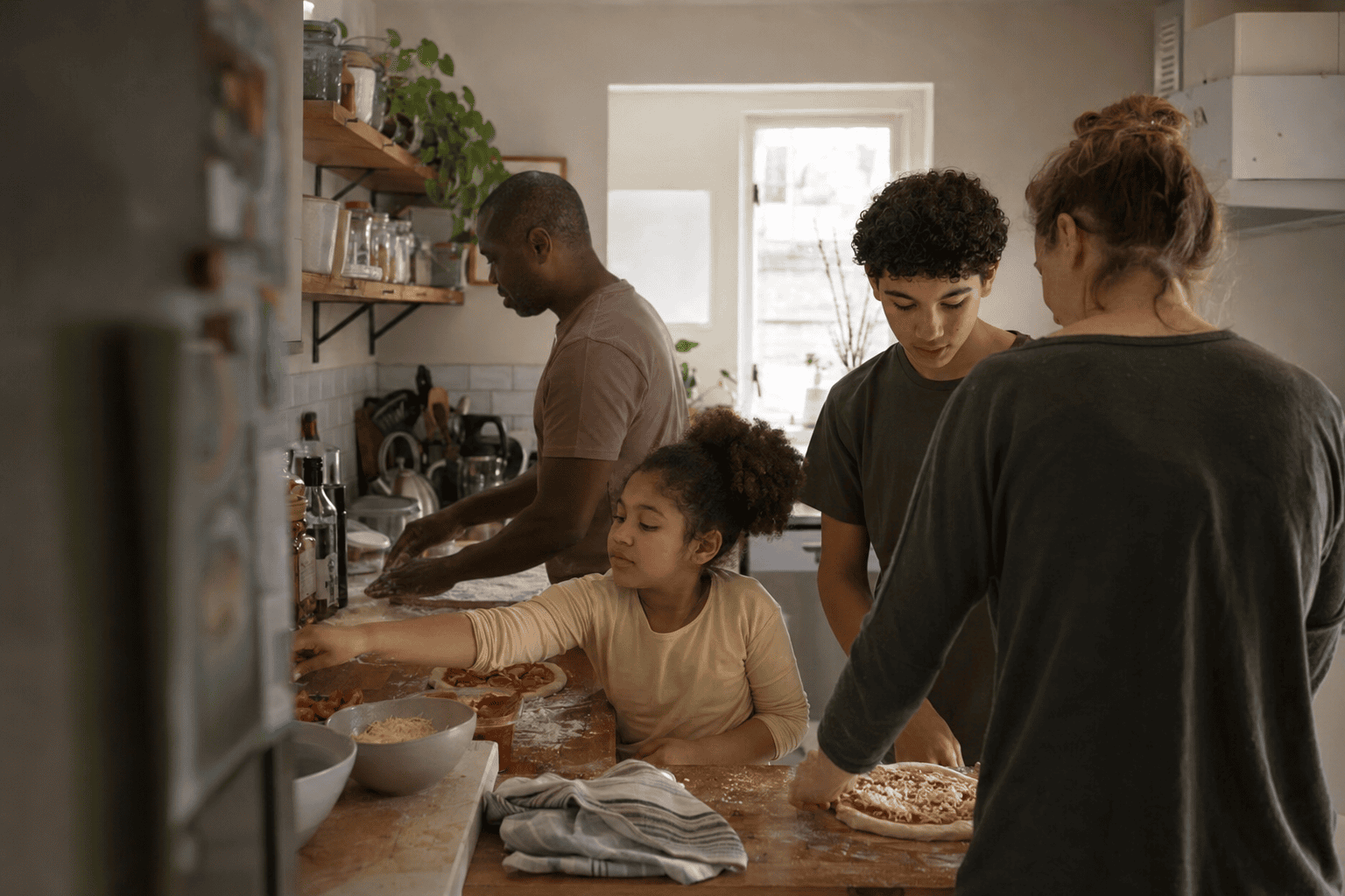 A foster family spending time together in everyday life
